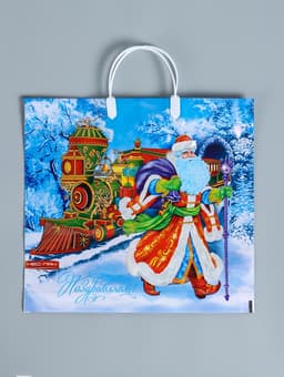 Пакет подарочный новогодний «Сказочный поезд», полиэтиленовый с пластиковой ручкой, 37×35 см