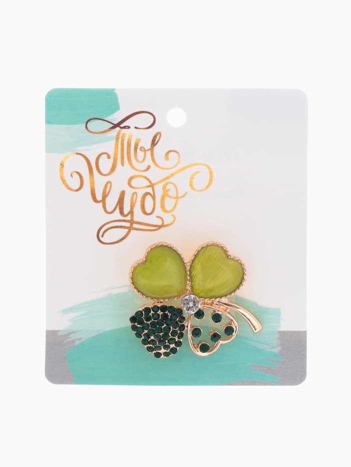 Брошь «Клевер», зелёная в золоте