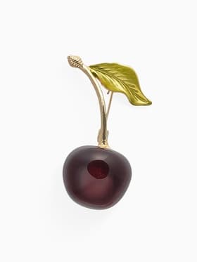 Брошь «Вишенка», с листочком, бордово-зелёная в золоте