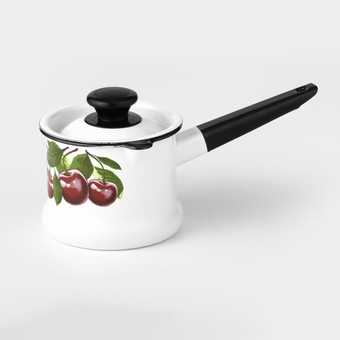 Ковш эмалированный «Вишнёвый сад», 1 л, с крышкой, металлическая ручка, белый