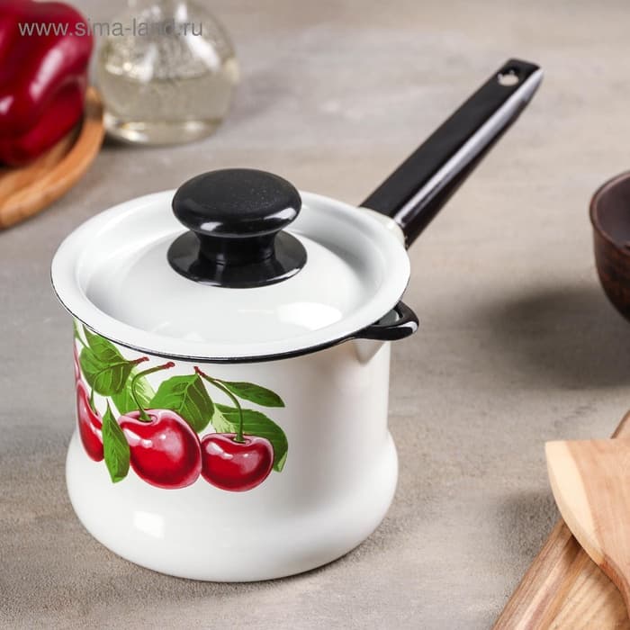 Ковш эмалированный «Вишнёвый сад», 1 л, с крышкой, металлическая ручка, белый