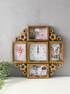 Фоторамка - коллаж на 4 фото 10×15 см с часами настенными бесшумными (14×14 см) «Цветы», 42×42 см