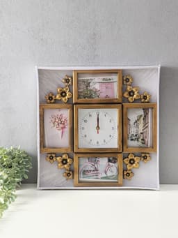 Фоторамка - коллаж на 4 фото 10×15 см с часами настенными бесшумными (14×14 см) «Цветы», 42×42 см