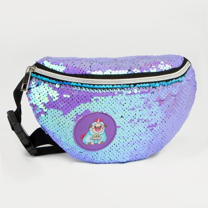Сумка детская для девочки поясная «Мопс», с пайетками, на молнии, сиреневая