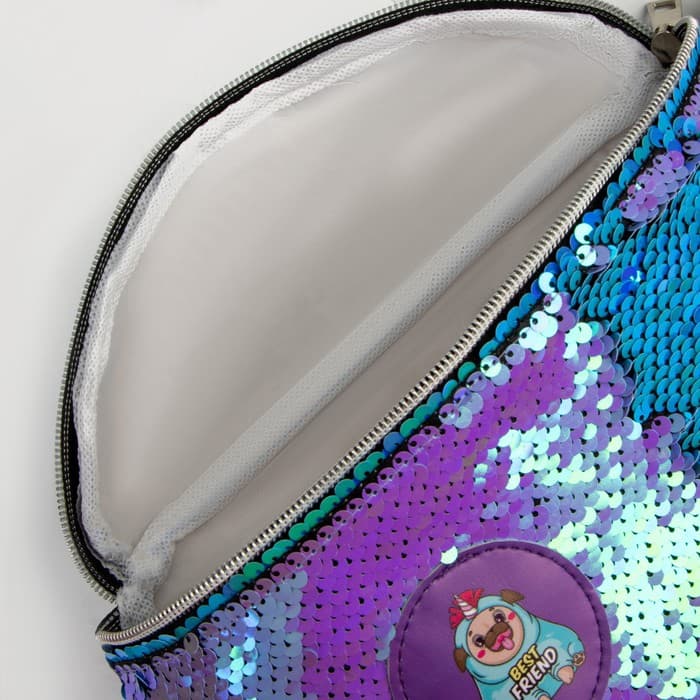 Сумка детская для девочки поясная «Мопс», с пайетками, на молнии, сиреневая