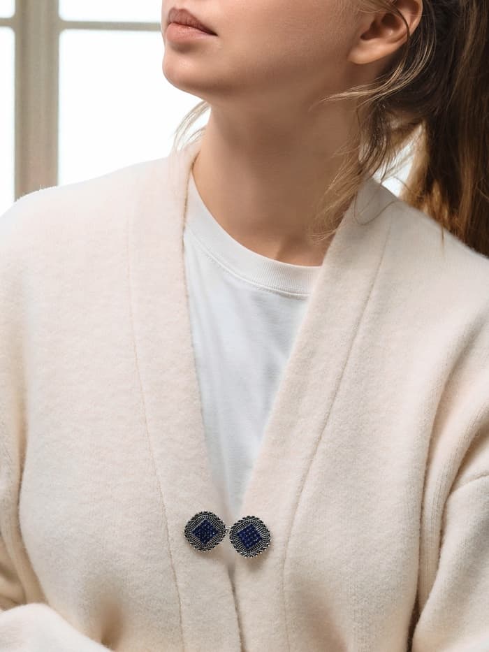 Зажим для кардигана «Квадраты», синий в чернёном серебре