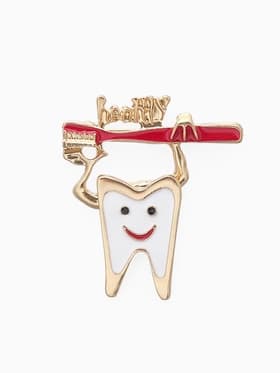 Брошь «Зуб», со щёткой, красно-белая в золоте
