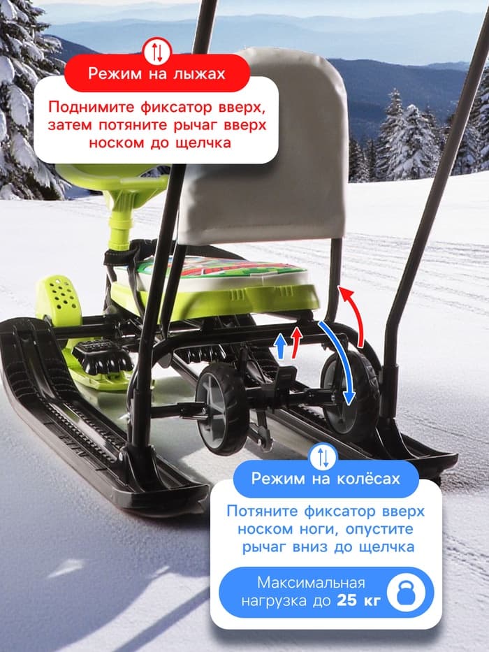 Снегокат «Тимка спорт 6» Ми-ми-мишки, со спинкой, с родительской ручкой, бирюзовый, ТС6/ММ1 Nika Kids