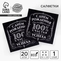 Салфетки бумажные «С днём рождения», 100% счастья, однослойные, 24×24 см, набор 20 шт.