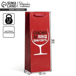 Пакет подарочный ламинированный под бутылку, упаковка, «Спасибо за повод», 13×35×10 см