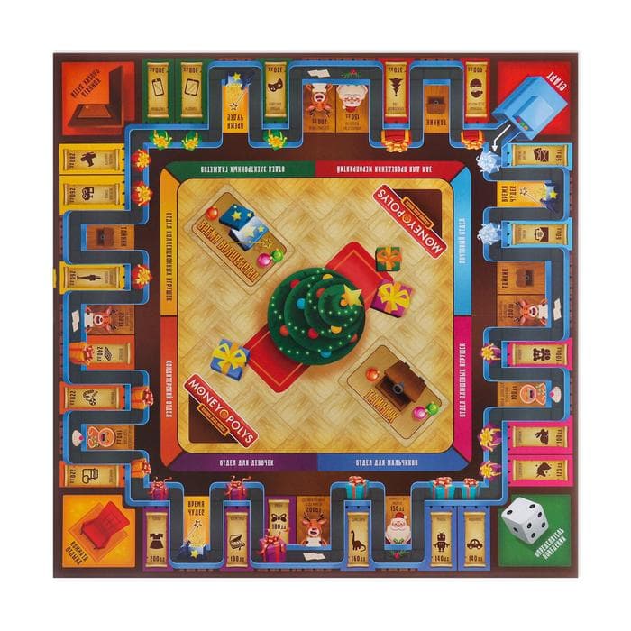 Новогодняя настольная игра «Новый год: MONEY POLYS. Фабрика Деда Мороза», 60 карт, 44 фигурки, 6 фишек, 2 кубика, 10+