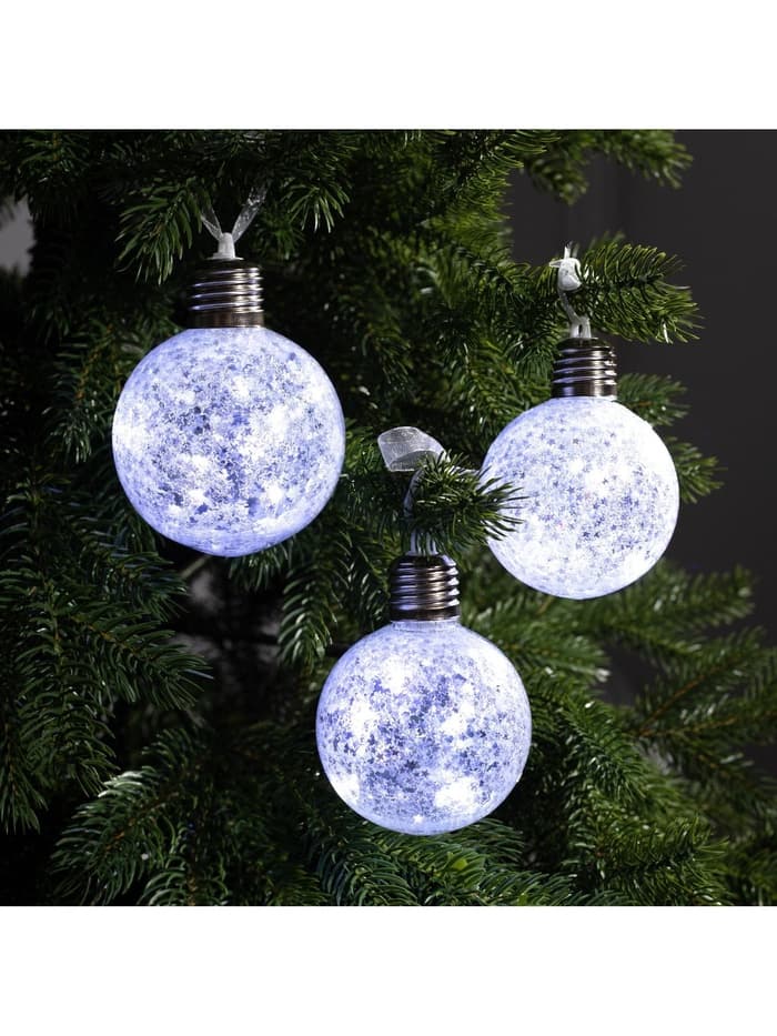 Набор ёлочных шаров «Звёздочки серебристые», 3 шт., d=8 см, от батареек, свечение белое