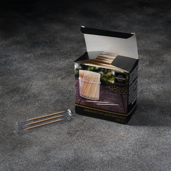 Зубочистки из берёзы Magistro, 500 шт., в индивидуальной упаковке, картонная коробка
