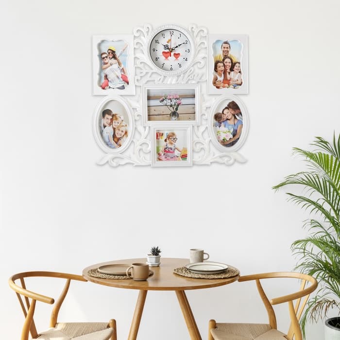 Фоторамка - коллаж на 6 фото с часами настенными Family, бесшумные, 45×37 см, d=11.5 см