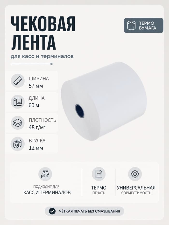 Чековая термолента, ширина 57 мм, длина 60 м, втулка 12 мм, 48 г/м²