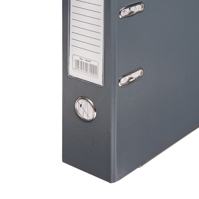 Папка-регистратор А4, 75 мм, ПВХ, металлическая окантовка, карман на корешок, собранная, серая, МИКС