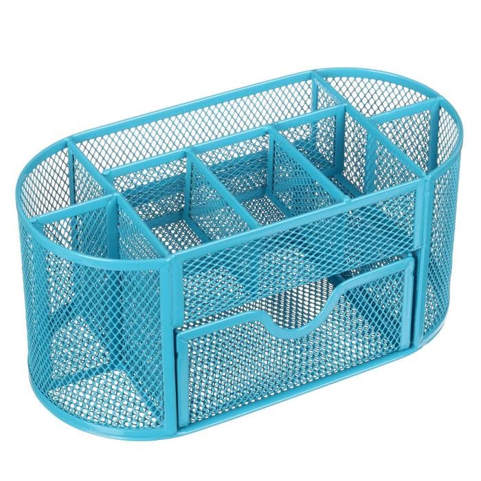 Подставка для канцелярских мелочей 9 отделений, сетка металл, голубая