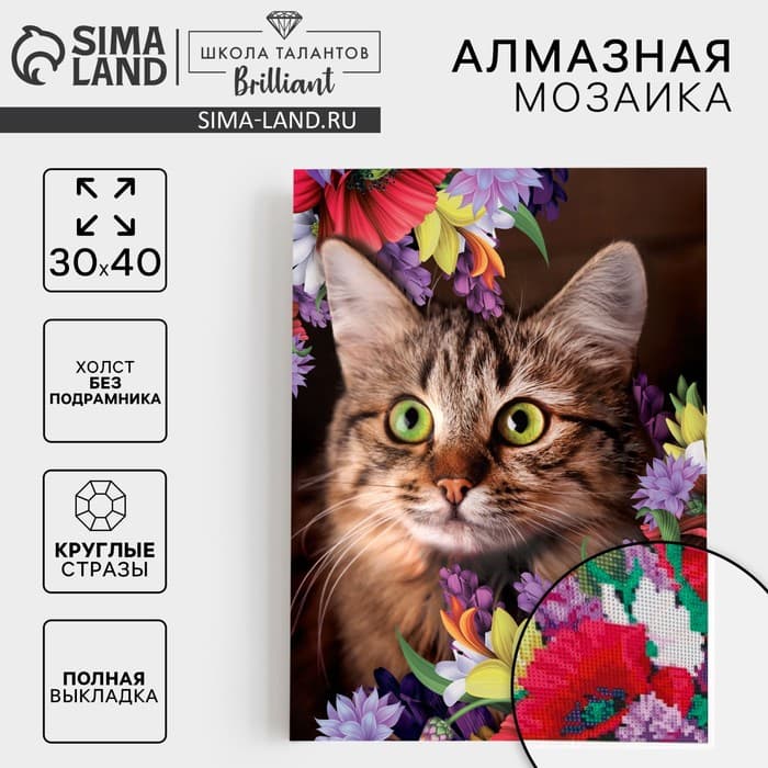 Алмазная мозаика с полным заполнением «Кот в цветах» 30×40 см, холст, ёмкость