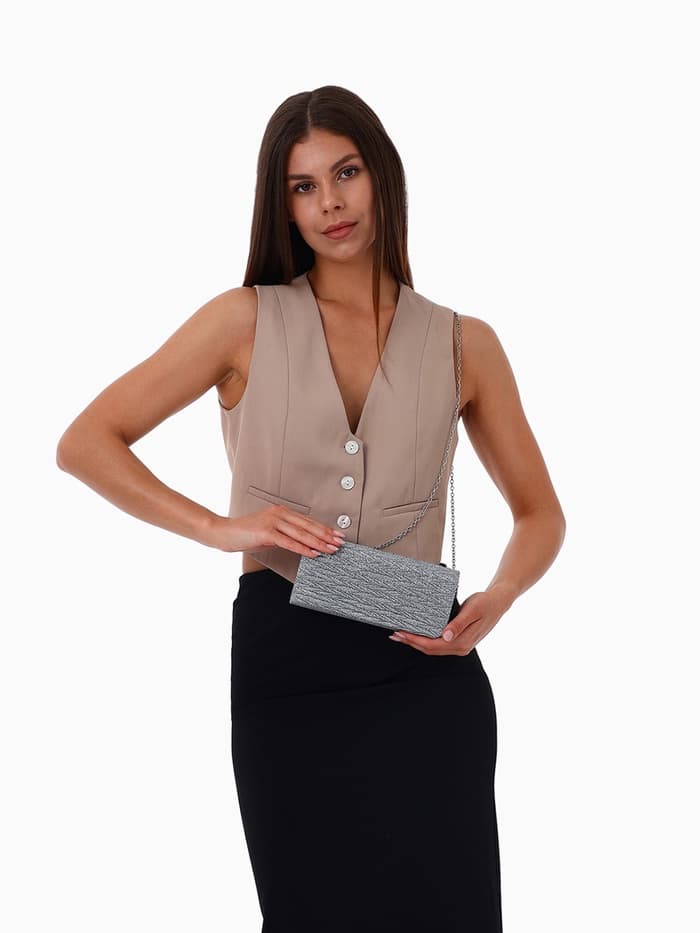 Сумка-клатч вечерняя на магните, на серебристой цепочке, светло-серая