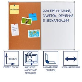 Доска комбинированная магнитно-маркерная/пробковая, 90×120 см, в алюминиевой рамке