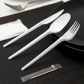 Набор пластиковых одноразовых столовых приборов 5 в 1: вилка, ложка, нож, салфетка, зубочистка, белый