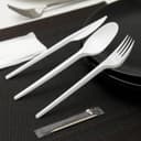 Набор пластиковых одноразовых столовых приборов 5 в 1: вилка, ложка, нож, салфетка, зубочистка, белый