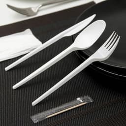 Набор пластиковых одноразовых столовых приборов 5 в 1: вилка, ложка, нож, салфетка, зубочистка, белый