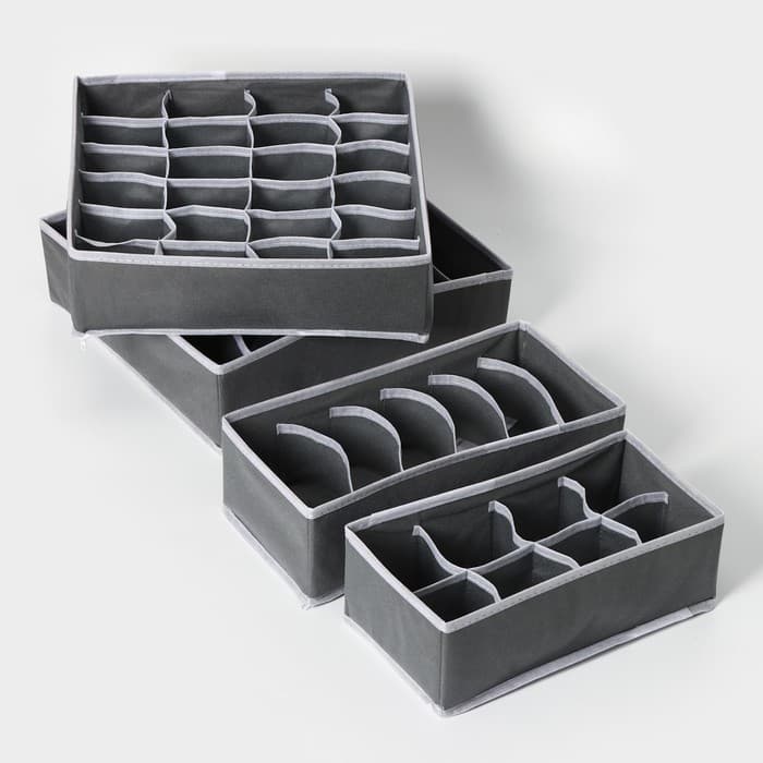 Органайзеры для хранения белья Доляна «Гранж», 4 шт., 33×32×10 см, 31×15.5×10 см, 29×14×10 см, серые