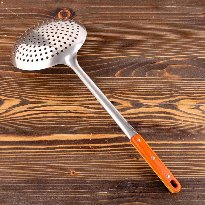 Шумовка для казана Шафран, 48с м, диаметр 17 см, узбекская, с деревянной ручкой, металл