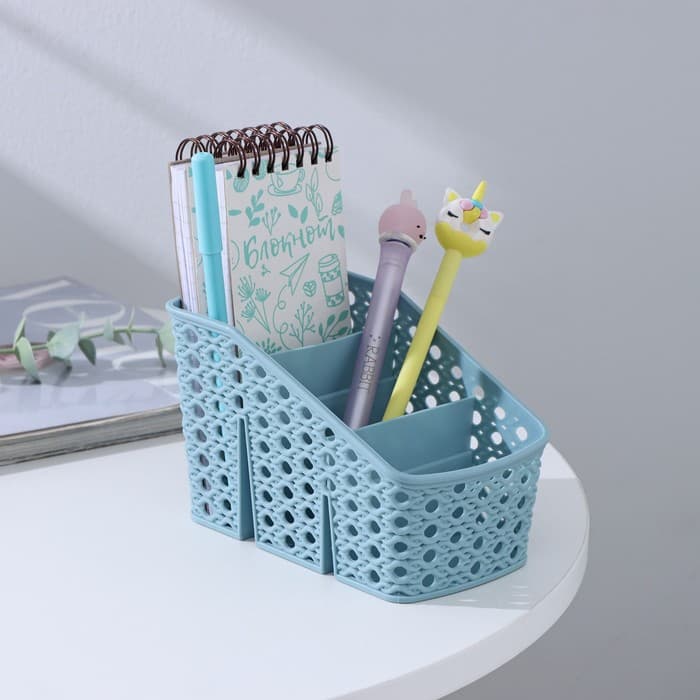 Подставка - органайзер для канцелярии, 3 ячейки, 15.5×9.5×9.5 см, голубая