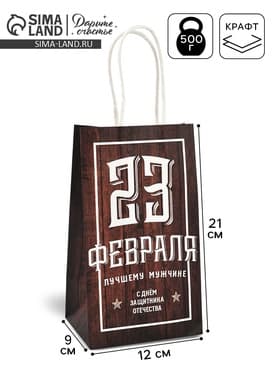 Пакет подарочный крафт, упаковка, «С 23 февраля», 12×21×9 см