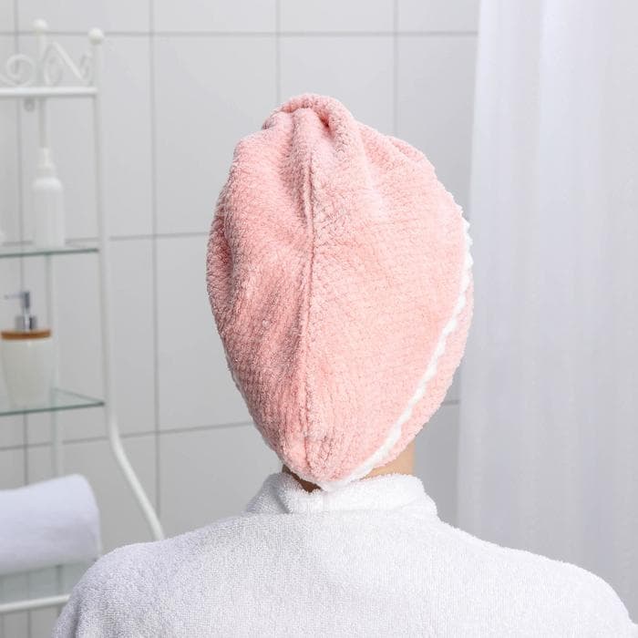 Чалма для сушки волос Доляна, микрофибра, с пуговкой, розовая