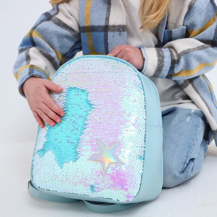 Рюкзак детский для девочки с пайетками «Звёздочка», отдел на молнии, голубой