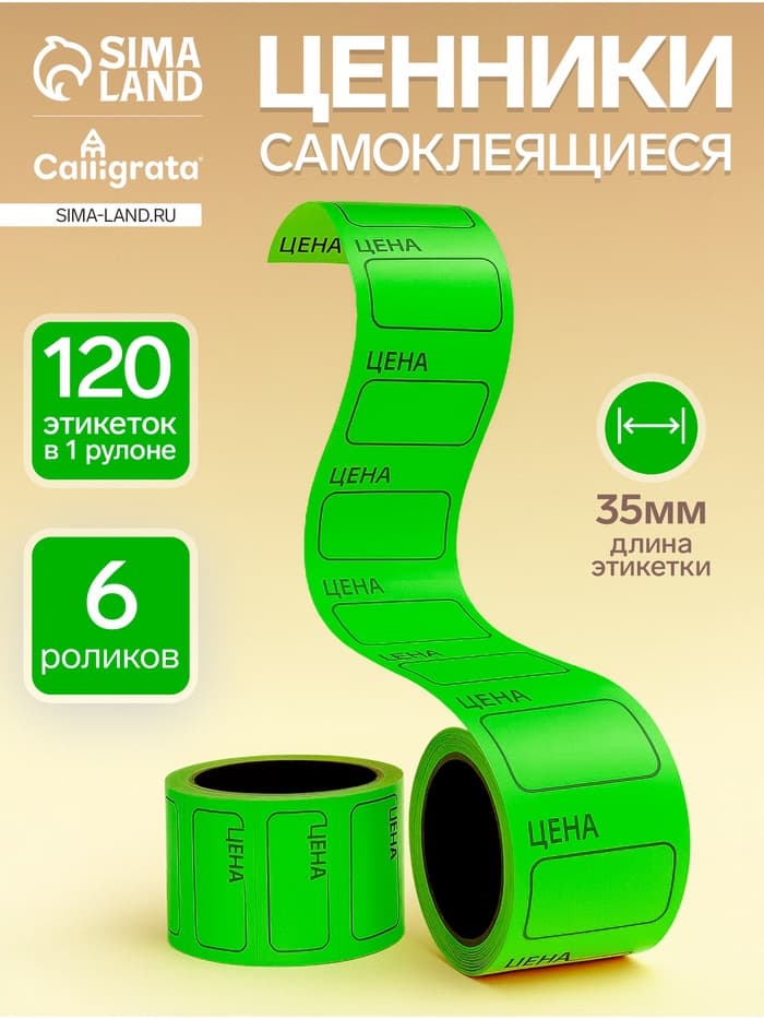 Набор из 6 роликов, в 1 ролике 120 штук, ценники самоклеящиеся, 35×50 мм, зелёный