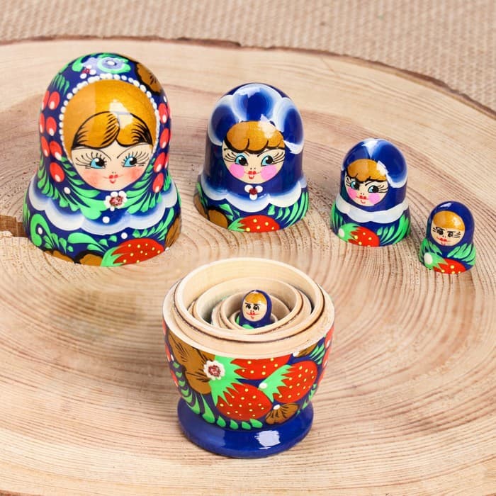 Матрешка деревянная «Синее платье», 5-кукольная, 10 см, ручная роспись