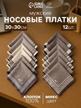 Платки носовые мужские «Этель. Серджио», 30×30 см, набор 12 шт., коричневые, рисунок МИКС