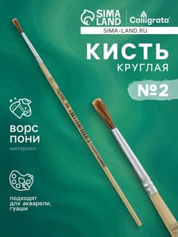 Кисть для рисования, пони, № 2, круглая, деревянная ручка, международный размер
