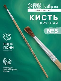Кисть для рисования, пони, № 5, круглая, деревянная ручка, международный размер