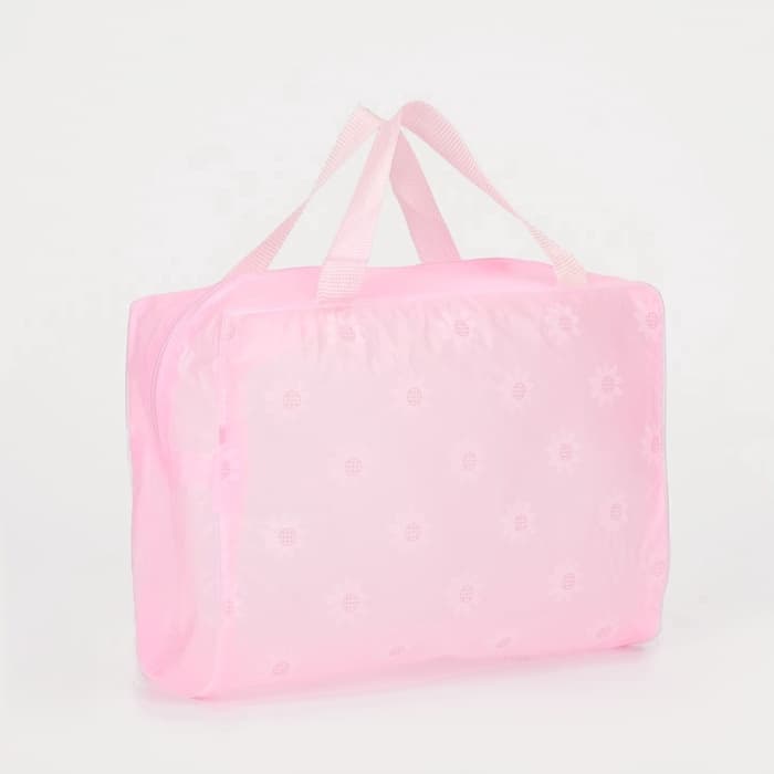 Косметичка на молнии, с ручками, с цветочками, розовая