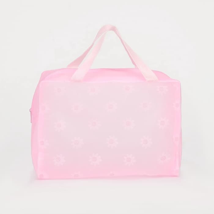 Косметичка на молнии, с ручками, с цветочками, розовая