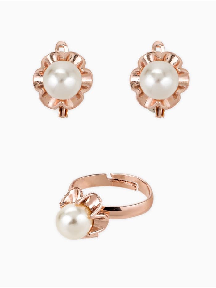 Гарнитур 3 предмета: серьги, кулон, кольцо безразмерное «Эдель», с жемчугом цветок, белые в золоте, 45 см