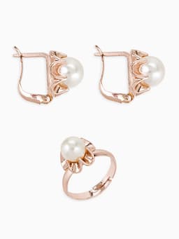 Гарнитур 3 предмета: серьги, кулон, кольцо безразмерное «Эдель», с жемчугом цветок, белые в золоте, 45 см