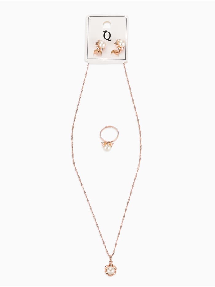 Гарнитур 3 предмета: серьги, кулон, кольцо безразмерное «Эдель», с жемчугом цветок, белые в золоте, 45 см