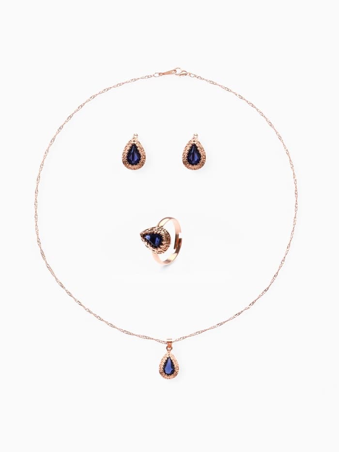 Гарнитур 3 предмета: серьги, кулон, кольцо безразмерное «Эдель», капля, тёмно-синие в золоте, 45 см