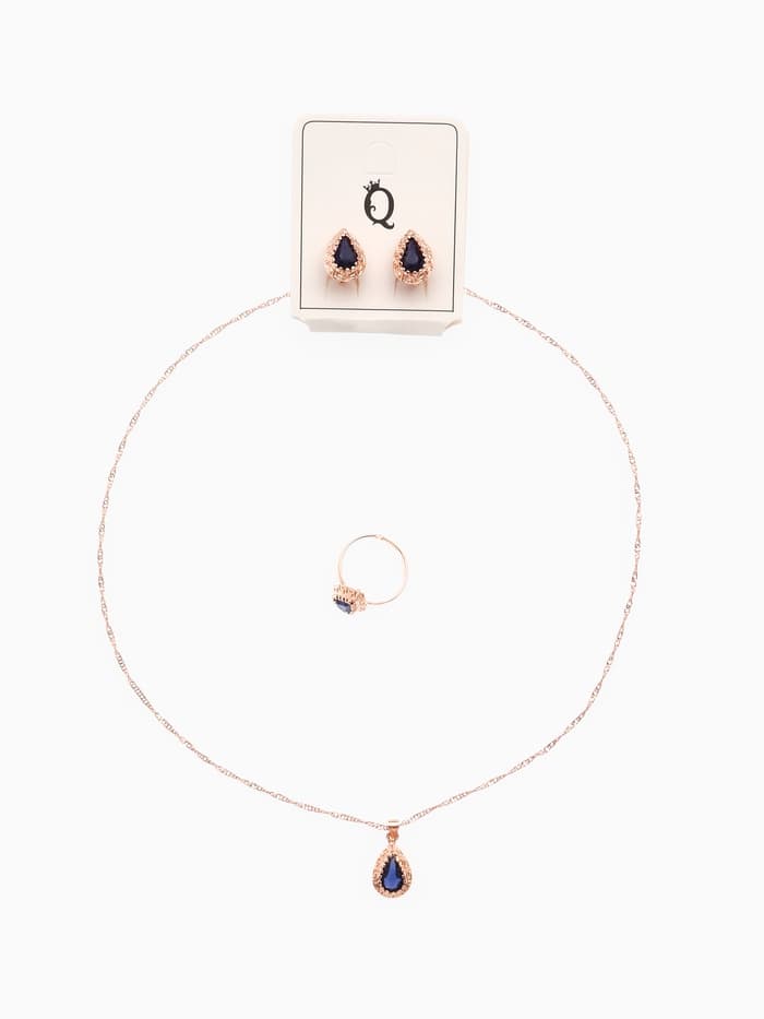 Гарнитур 3 предмета: серьги, кулон, кольцо безразмерное «Эдель», капля, тёмно-синие в золоте, 45 см