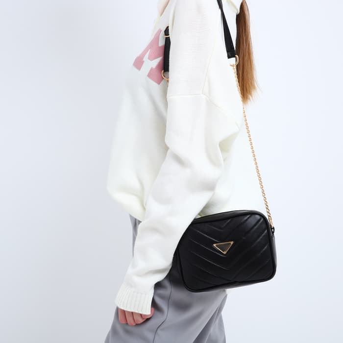 Сумка женская, со строчкой и цветной подкладкой, чёрная