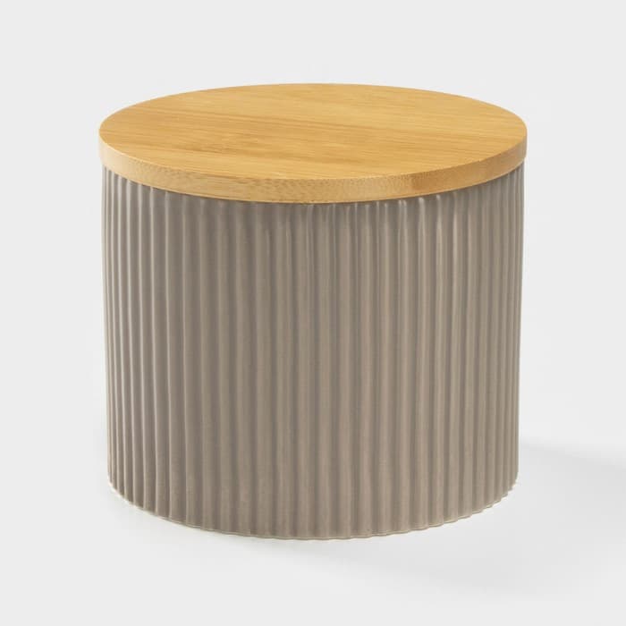 Банка для сыпучих «Дымка», 850 мл, 12×10 см, с бамбуковой крышкой, керамика, бежевая