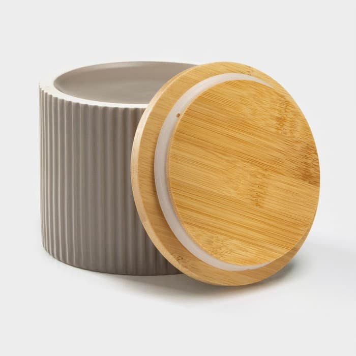 Банка для сыпучих «Дымка», 850 мл, 12×10 см, с бамбуковой крышкой, керамика, бежевая