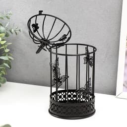 Металлический подсвечник-фонарь 1 свеча «Птица и клетка с бабочками», чёрный, 21.5×10×10 см