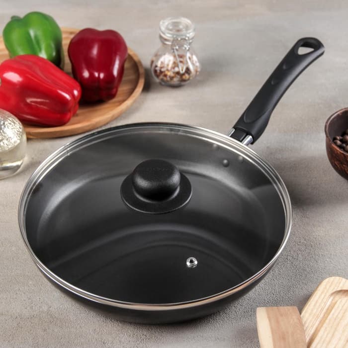 Сковорода Consul, d=26 см, пластиковая ручка, стеклянная крышка, антипригарное покрытие, алюминий, чёрная